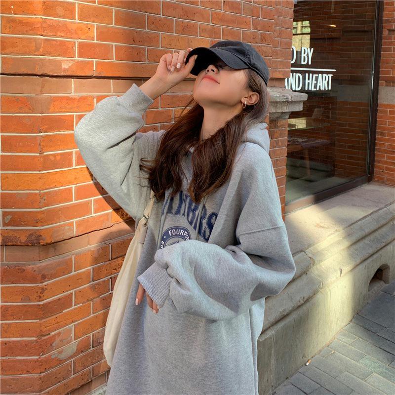 Korean Style Fleece-Lined Hooded Over-Knee Sweatshirt Coat - Plus Size Women's Autumn/Winter 2025 Collection