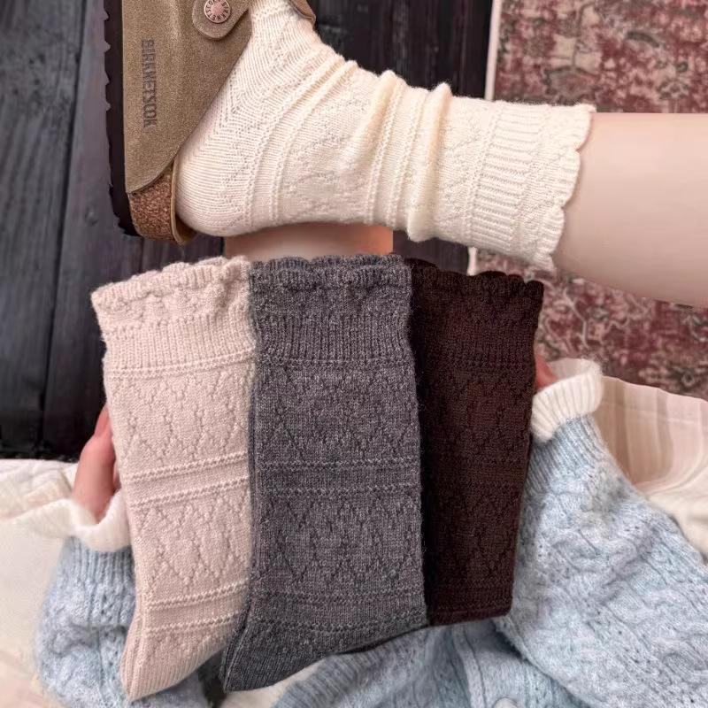 Rhombus Lace Autumn And Winter Stacking Socks Children'S Knitted Warm Medium Tube Calf Socks Basic Solid Color Boneless Soft Waxy Cotton Socks
