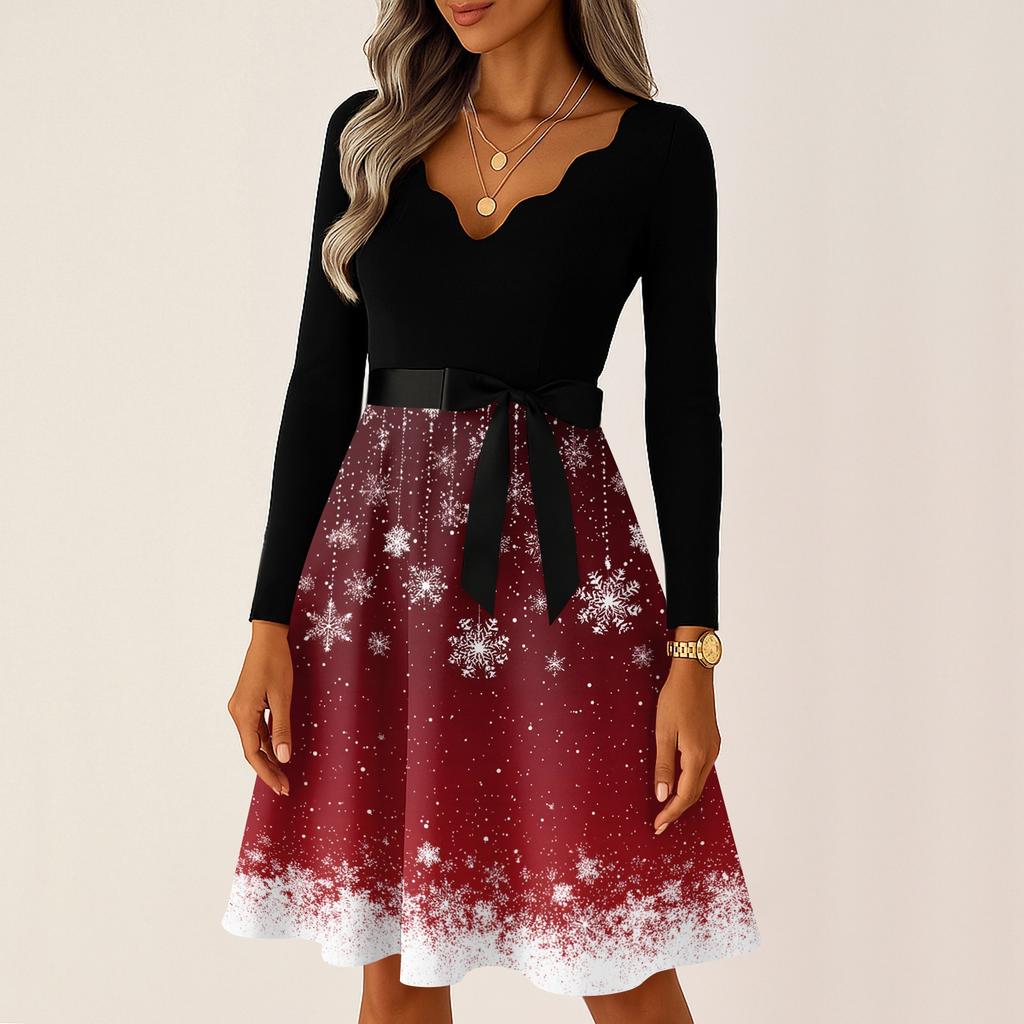 Kvinners avslappet mote langermet julegrafisk trykt vintage lange kjoler