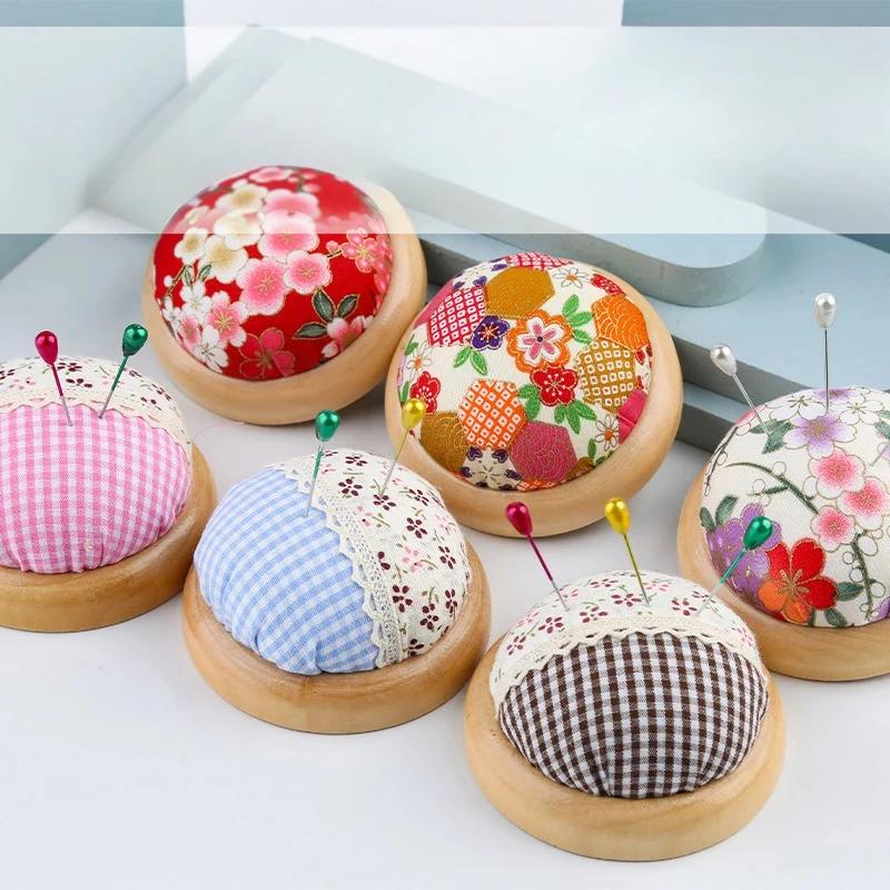 Rural Style Wooden Base Round Cute Cushions Pincushions Pin Cushion Pincushion Holder Needle Holders Pin Holders for DIY Craft