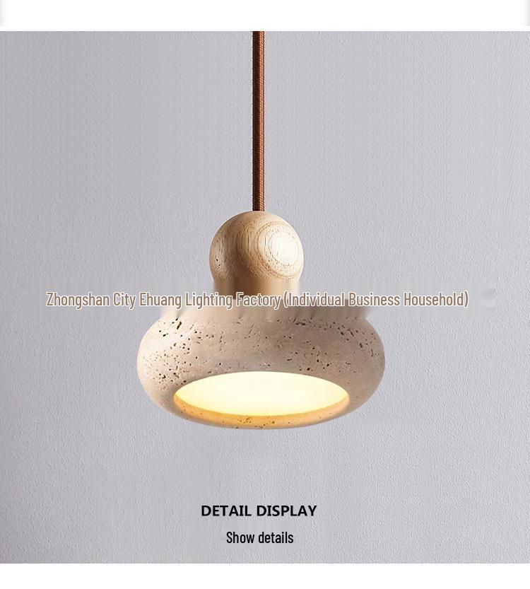 Retro Wabi-Sabi Yellow Travertine Pendant Light - Small Bedside Lamp for B&B or Bar, Solid Wood Round Ball Design