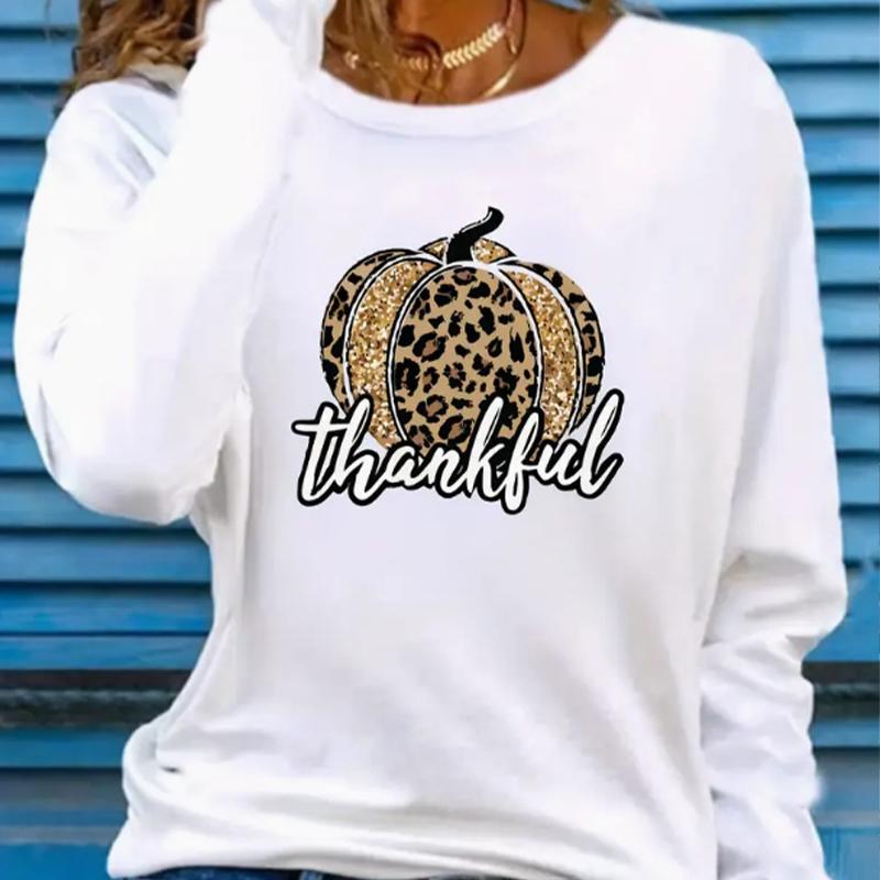 Tops For Women 3D Thankful Pumpkin Print Round Neck Long Sleeve T-shirt Fall Casual Slim Pullover Women's Long Sleeve Top