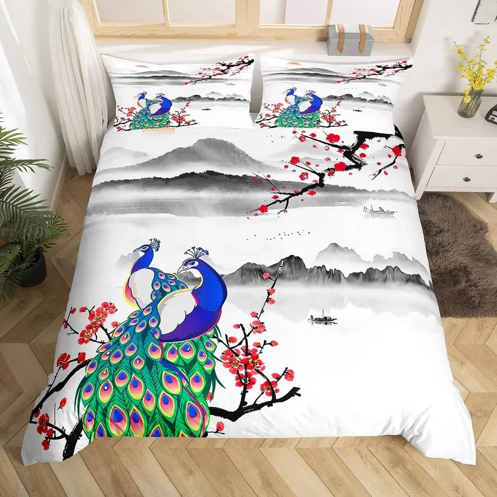 Conjunto de Capa de Edredom Pavão de Luxo Tamanho Twin King Queen Selva Selvagem Animal Capa de Colcha Microfibra Pássaro Exótico Animal Conjunto de Roupa de Cama