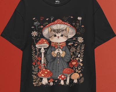 Mushroom Cat T-Shirt and Kids Tshirt: Cottagecore Botanical Tee