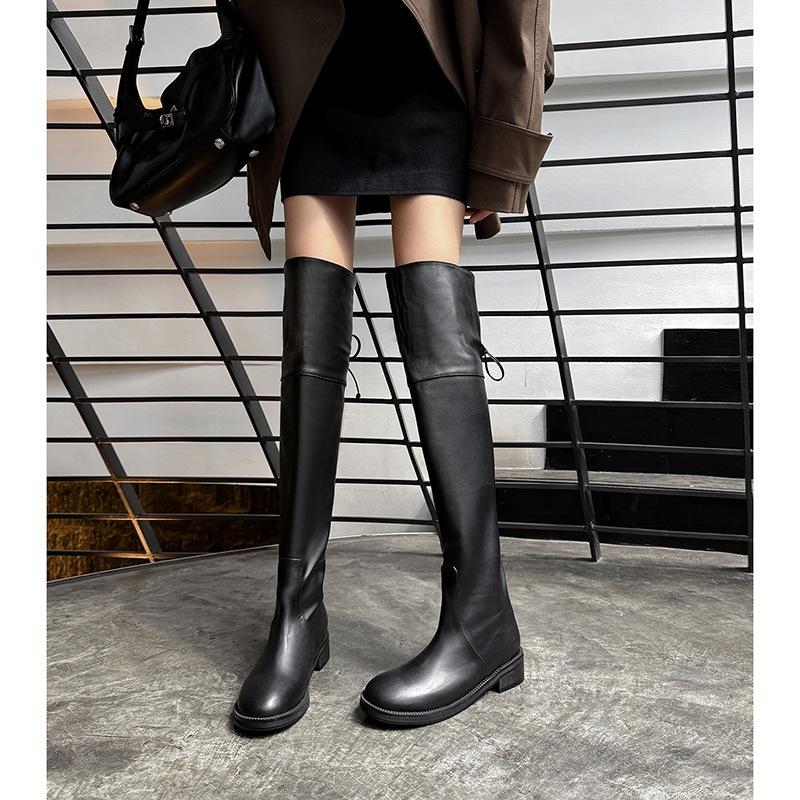 4CM European and American fashion simple knee boots 2025 autumn and winter new round head thick heel folded high knight boots women