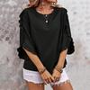 Women Tops Round Neck Lace Trim 3/4 Sleeve Pullover Tops Solid Color Loose Fit Spring Summer Tee Shirt Daily Wear