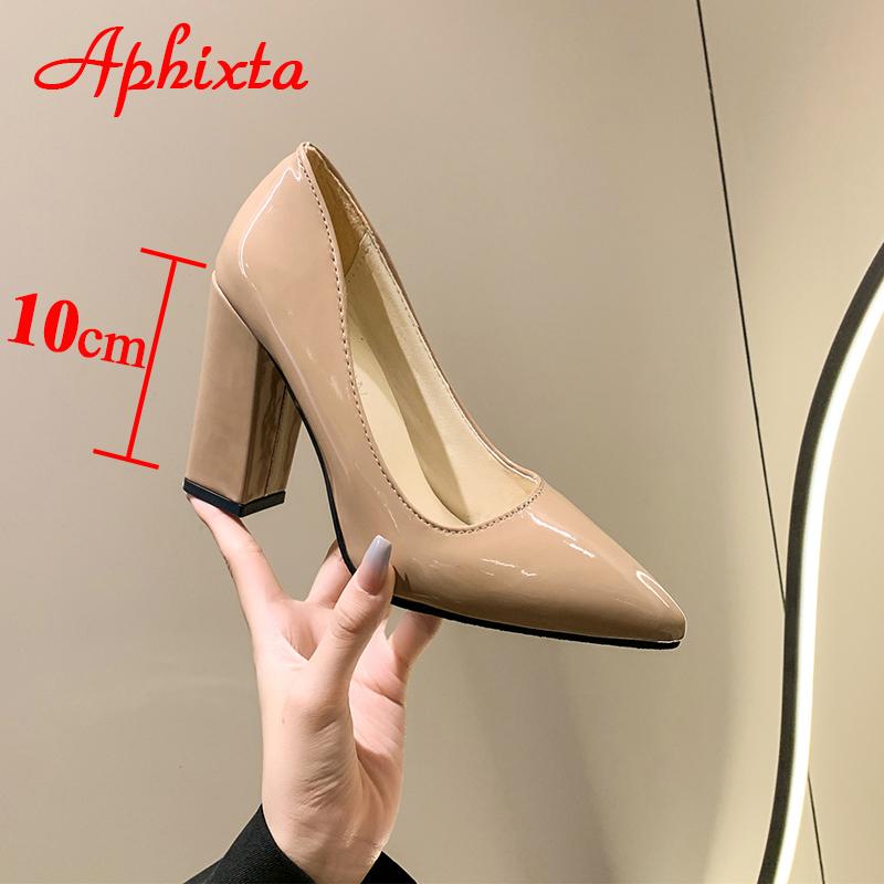 Fashion Aphixta 2025 New 10cm Square Heels Pumps Women Shoes Patent Leather Sexy Wedding Party Official Leisure Super Big Szie 31-50