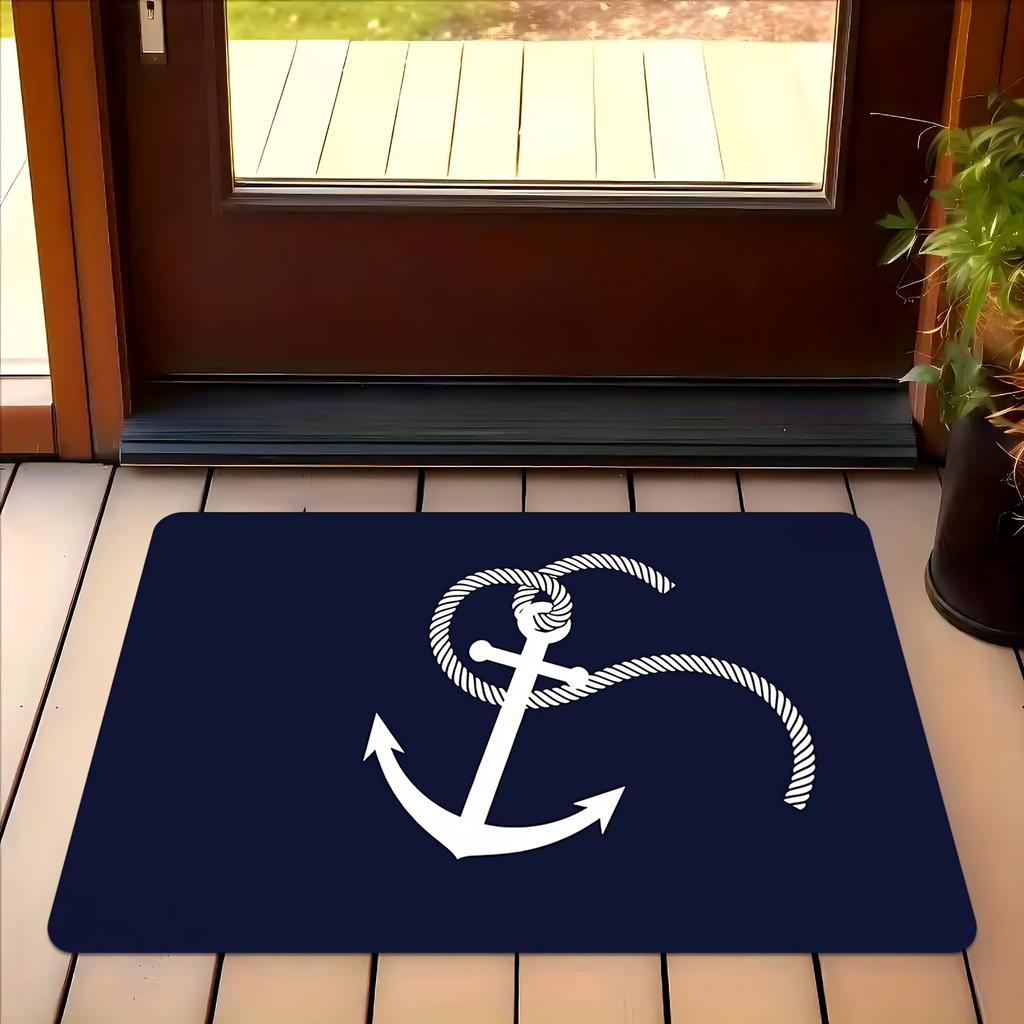 Nautical Anchor Pattern Welcome Mat - Machine Washable, Non-Slip Backing for Bathroom, Living Room, Bedroom, Kitchen, Office