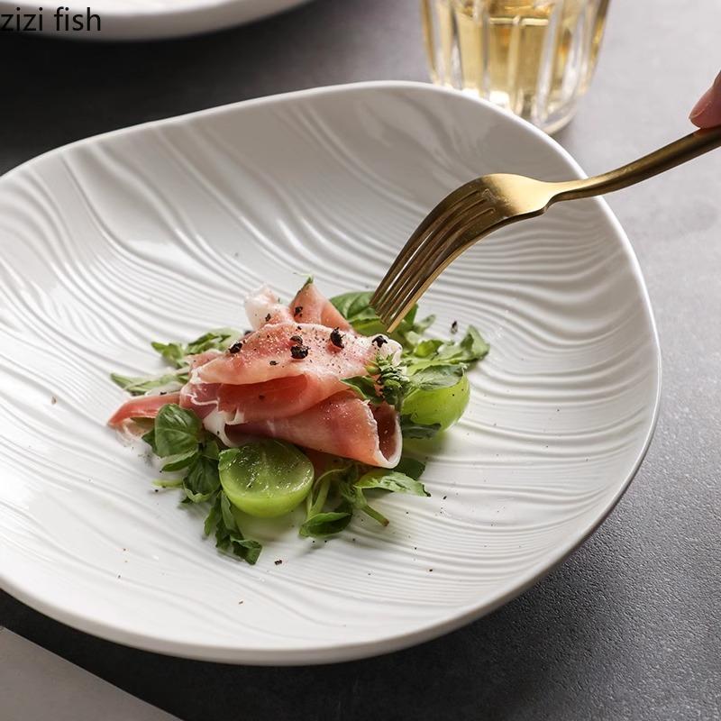 Irregular Ceramic Deep Plate Water Ripple Pure White Salad Plate Thick Soup Plate Dessert Dish Pasta Plates Creative Tableware