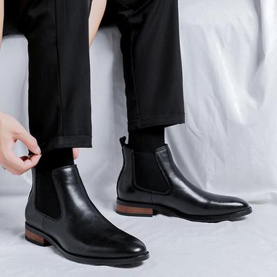 Black British Chelsea Men's High Top Simple High Sense Casual Business Dress Pointed Leather Boots-R