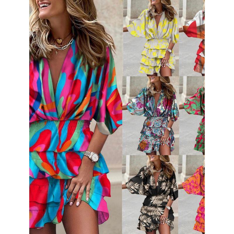 

Cross-Border Independent Station Amazon Hot Fashion Spring/Summer Autumn Batwing Sleeve V Neck Hem Irregular Dress Women Color 1 S