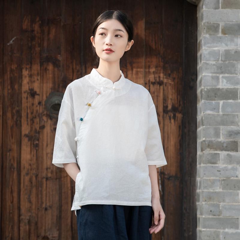 Spring 2026 Women's Zen Tea Ceremony Shirt: Chinese Style, Stand Collar, Color Blocked Cotton Linen
