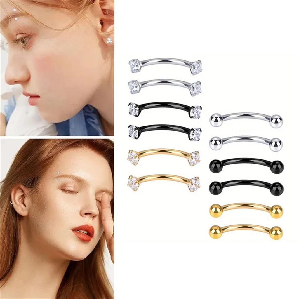 6Pcs 316 Stainless Steel Curved Barbell Eyebrow Lip Belly Ring With Shiny Zircon Fashion Body Piercing Jewelry