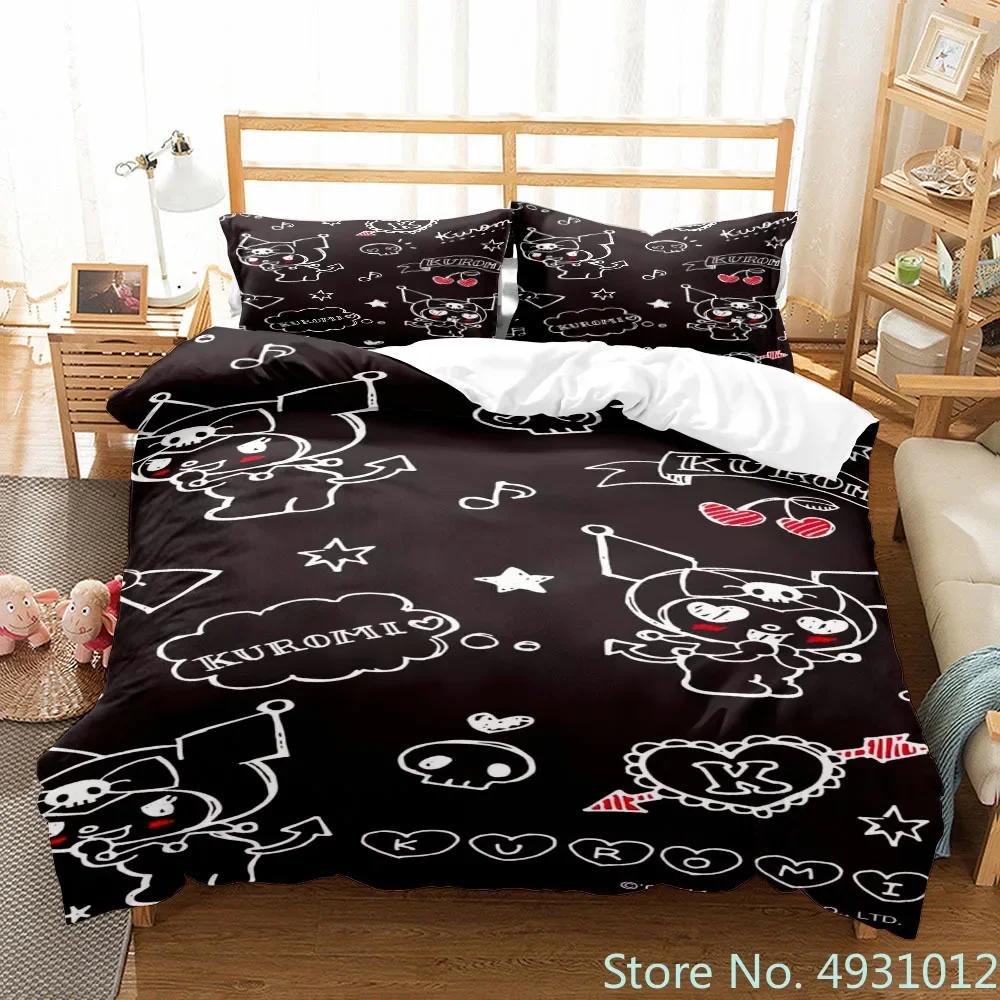 Sanurgente Kuromi Melody Bedding Set Pillowcase Anime Bedclothes Cartoon 3D Printed Kids Adult Boys Quilt Duvet Cover Gift