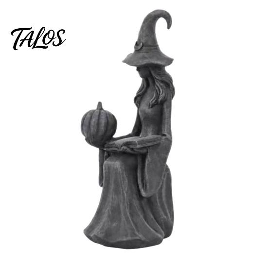 Spooky Garden Sculpture Halloween Witch Statue, Gothic Figurine with Pumpkin And Book, Matte Black Desktop Shelf Ornament Sculpture, Mantel