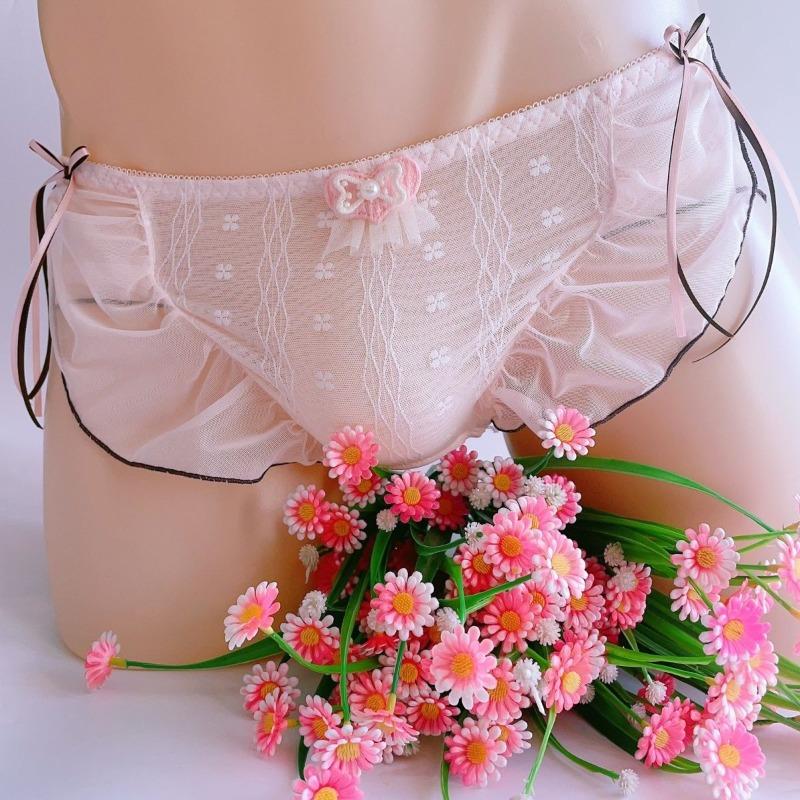 Men Frilly Lace Ruffle Sissy Pouch Panties Japanese Maid Cosplay Crossdress Lingerie Mesh Transparent Briefs Mtf Sweet Underwear