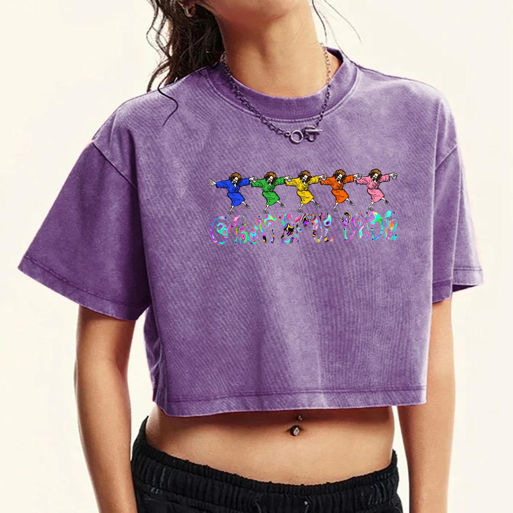 5 Colorful Men Dancing Printing Washed Tee Shirt Women Cotton Casual T Shirts Fashion Summer Clothes Street Crop Top