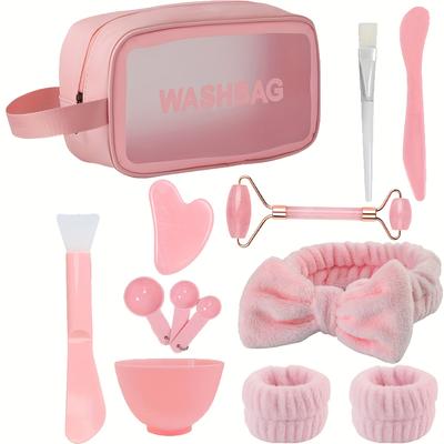 Make-up-Set, Toilettenartikel-Set, großes Fassungsvermögen, manuelles Gesichtsmassagegerät, Hautpflege-Haarband mit Flanellschleife, inklusive komplettem Set zur Maskenherstellung
