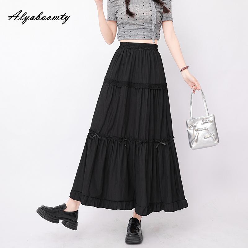 

French Syle Spring Summer Women Princess Midi Skirt Elastic Waist Black White Bow Ruffles Party Skirt Elegant Feminine Basic Chic Skirts One Size чорний