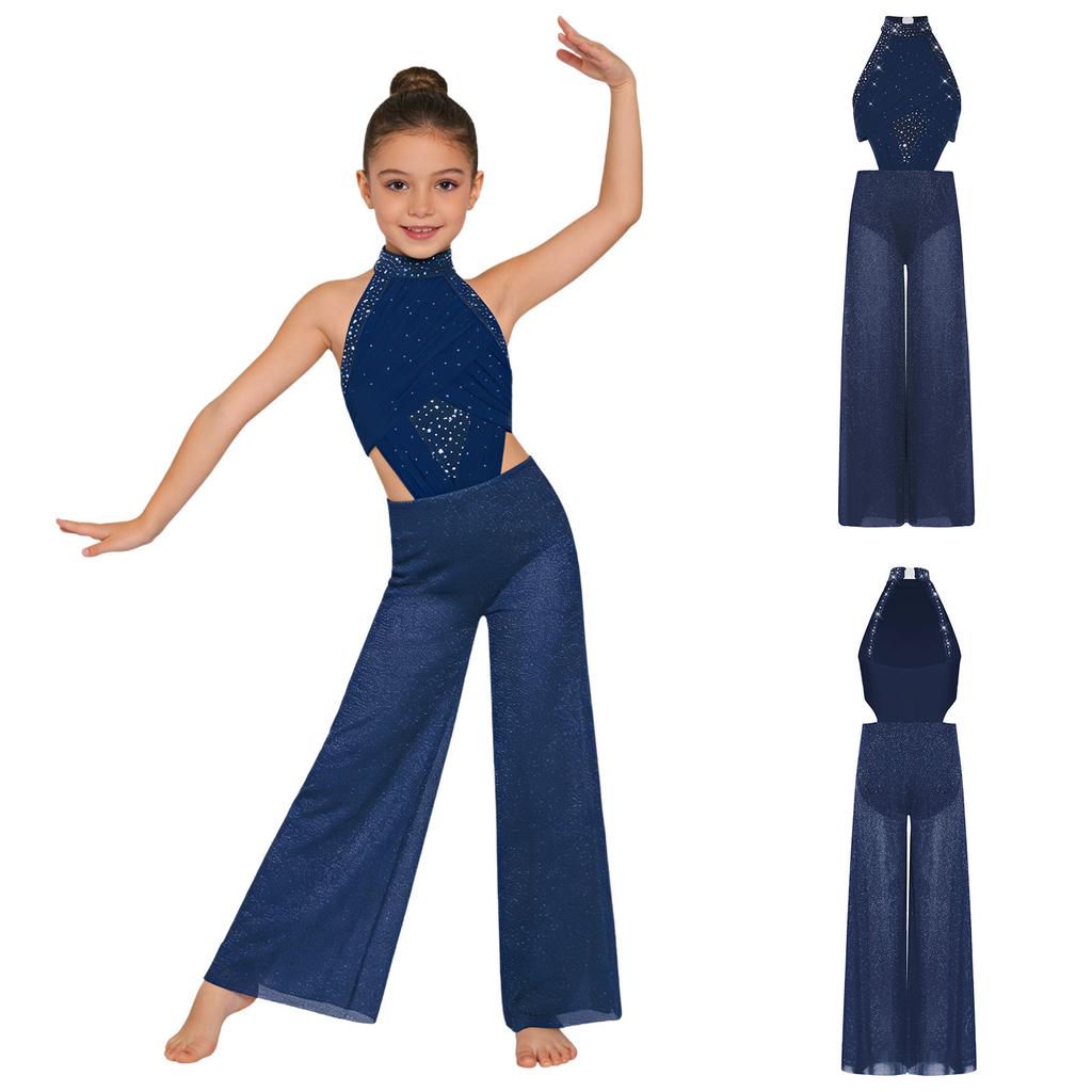 Vestido Collant Lyrical Ballet Sem Mangas com Recorte nas Costas Lantejoulas para Meninas Fantasia de Dança Contemporânea