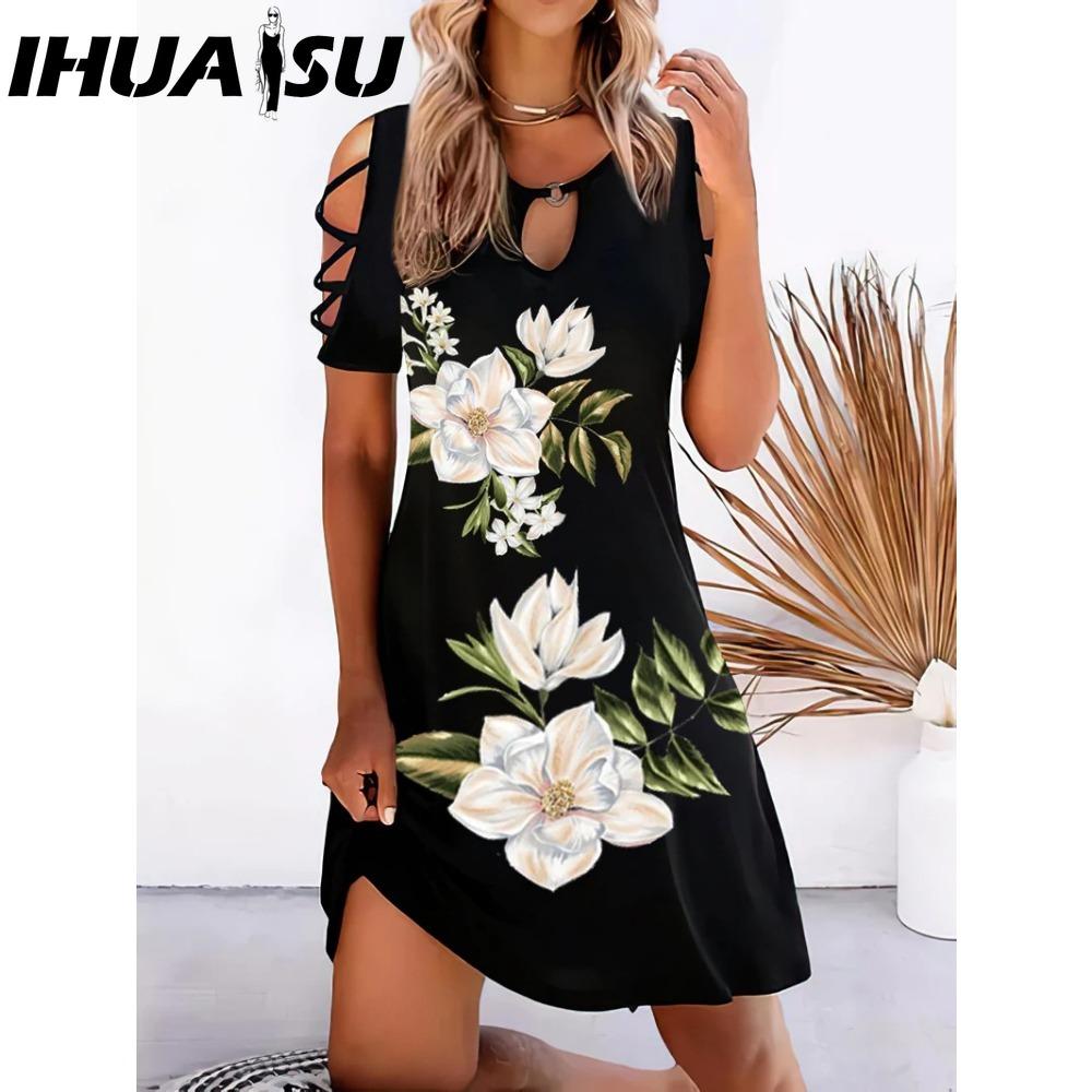 IHUASU 13 Farben Damen Kleid mit Blumenmuster Sommer Sexy Kurzarm O-Ausschnitt Mini Kleider Weiblich Vintage Elegantes Kleid
