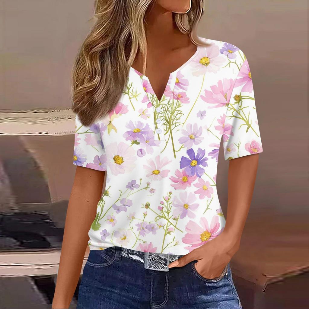 Damen T-Shirt mit Aufdruck und Knopfleiste, kurzärmelig, für den Alltag, Wochenende, modisch, Basic, V-Ausschnitt, normales Oberteil