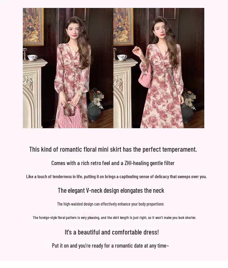 Elegant French Floral Print Cross Strap Dress for Women - Slimming Base Layer in Light Mature Style