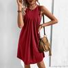 Women Summer Sleeveless A-line Short Dress Solid Color O Neck Vest