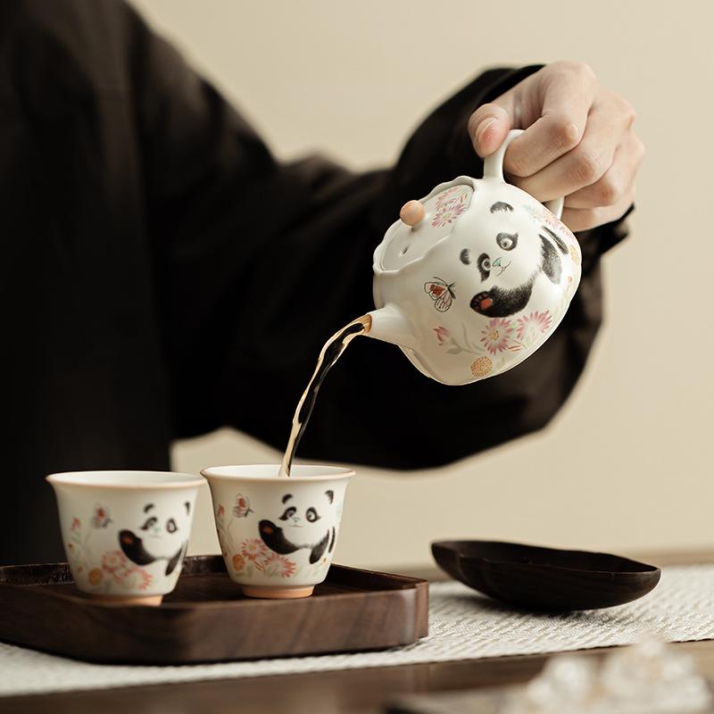 Panda & Butterfly Ceramic Teapot in Beige - Kung Fu Tea Set with Filter