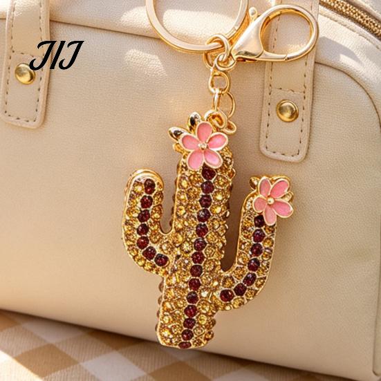 Purse Charm Accessory Bling Rhinestone Cactus Keychain, Pink Flower Keychain Keyring Pendant, Handbags Backpacks