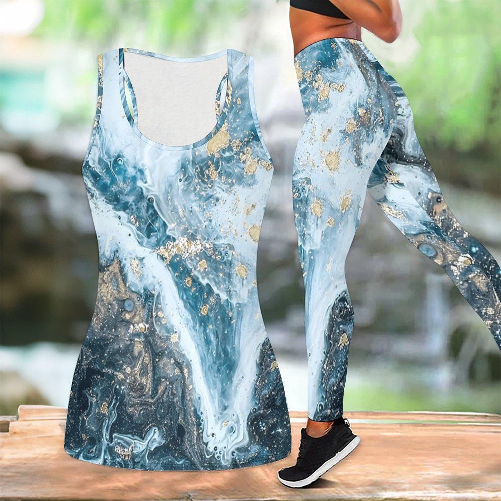 

Marble Veining Printed Yoga Outfit for Women Fashion Workout Leggings Fitness Sports Casual Yoga Set Sports Suit XXL волошка синій колір