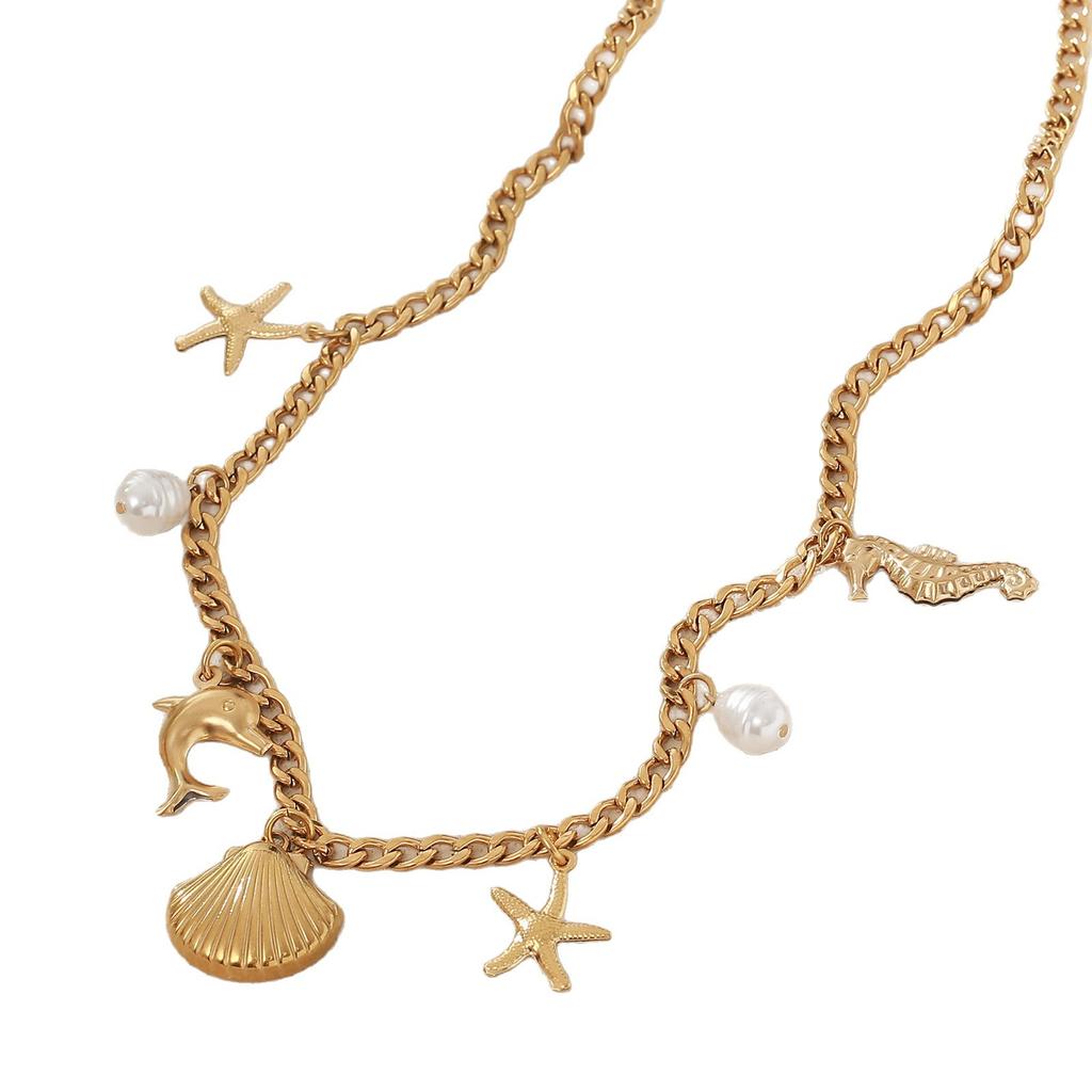 Titanium Steel Necklace - Summer Fashionable Sea Star and Sea Shell Beach Style Ocean Collar Chain