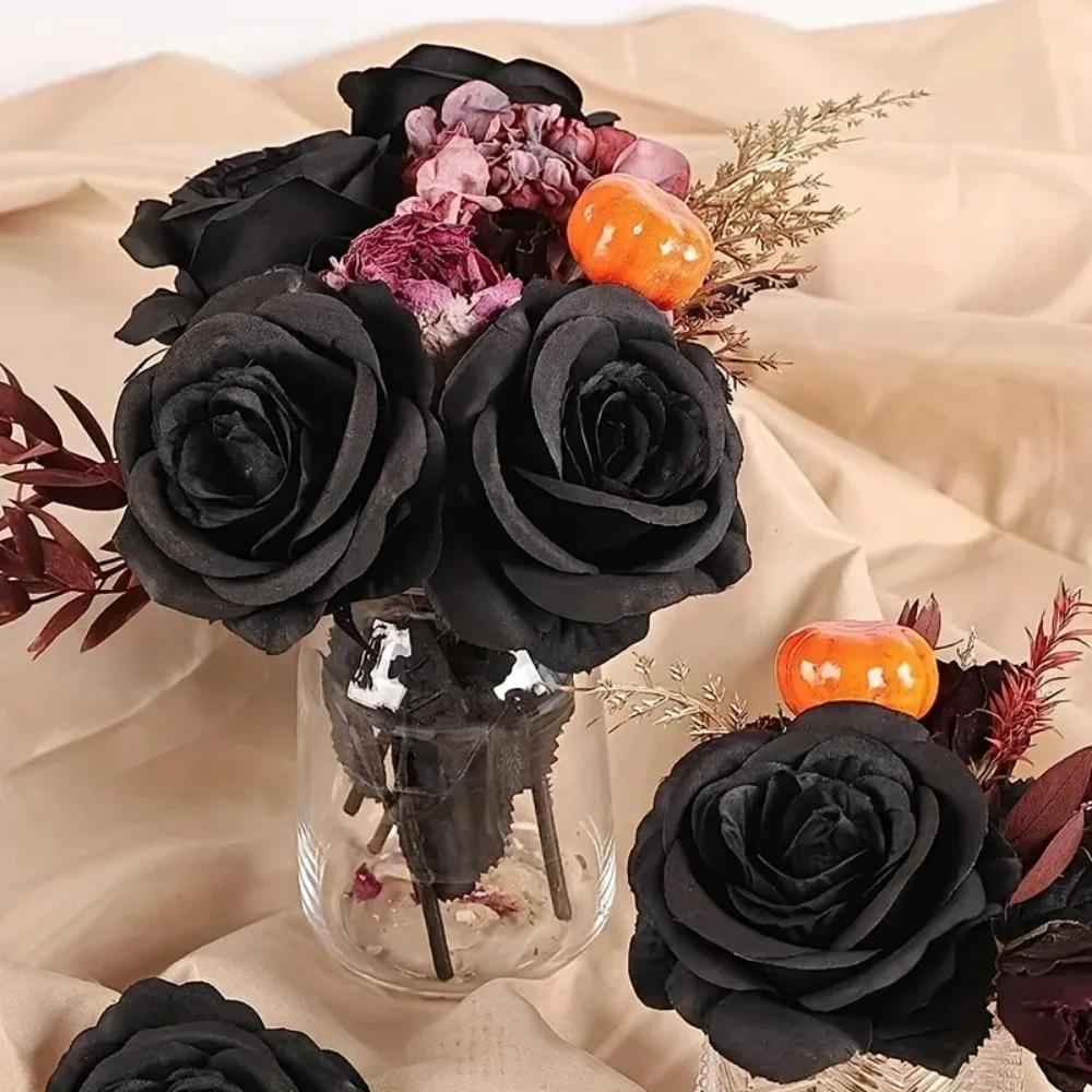 5/10 Stück künstliche schwarze Rosen für die Heimdekoration, lange Stiele, Kunstblumen ohne Vase, Tischmittelstück für Hochzeiten, Halloween-Partys