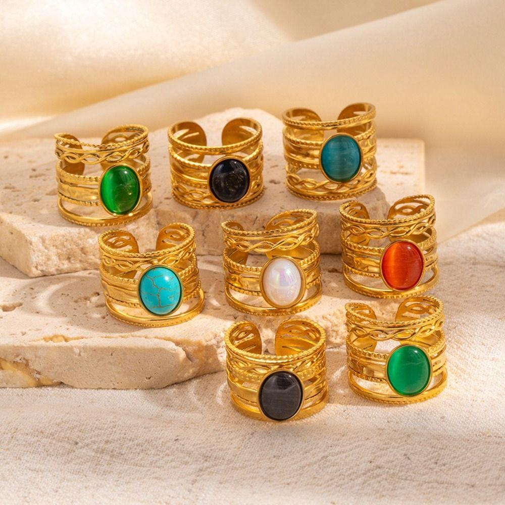 Stainless Steel Geometric Hollow Ring Hollow Pattern Colored Stone Ring Open Ring For Women