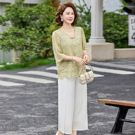 

Stylish 2026 Summer Two-Piece: T-Shirt & Wide-Leg Pants for Middle-Aged Women 2XL