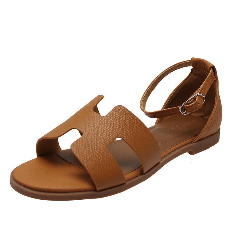 Sandals Women's Summer Outer Wear 2025 New Flat Bottom One-word Buckle Belt Travel Vacation with Skirt Seaside Back Bag Beach Shoes