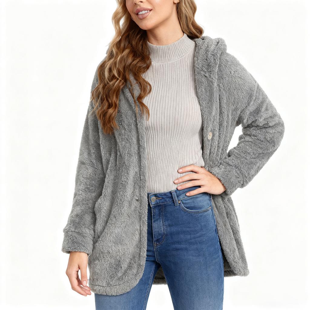 Women's Fashionable Solid Color Long Sleeved Pocket Loose Hooded Button Plush Jacket