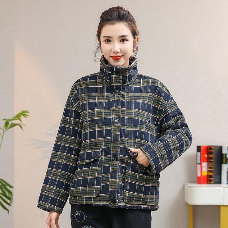 

Зимняя новая свободная хлопковая одежда с воротником-стойкой, хлопковые куртки в клетку, женская хлопковая одежда с утолщенными теплыми куртками 3XL recommends 155-90kg тёмно-синий