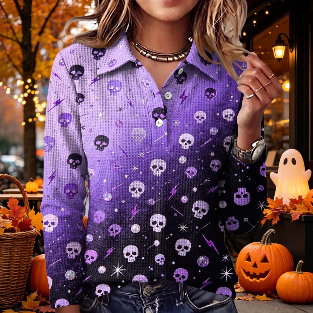 Women's Casual Long Sleeve Knit Top with Halloween Print and Lapel Collar