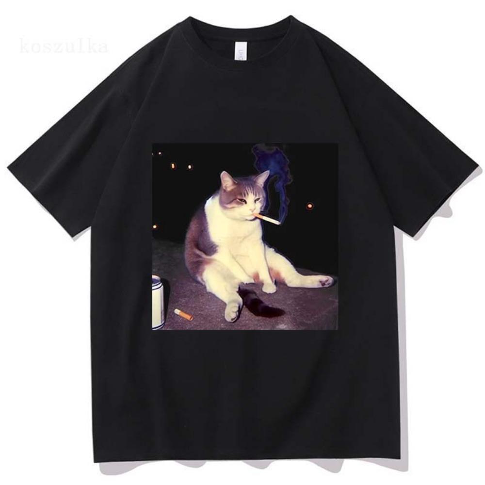 Vintage Cigarette Kitten Funny Smoking Cat Meme Stupid Brainrot Graphic T-Shirt Men Women Fashion T-shirts Cotton T Shirt