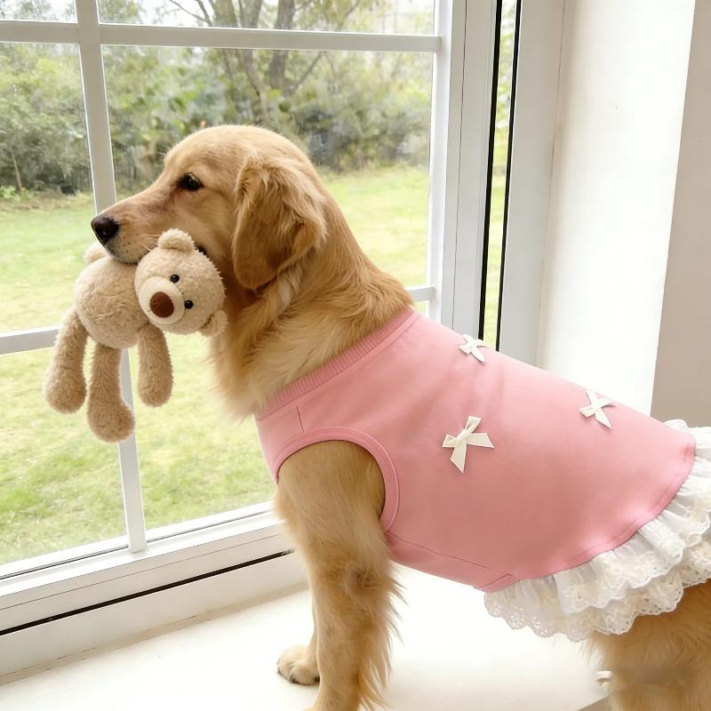 Spring Summer Thin Breathable Pink Blue Bow and Lace Decorative Dress Suitable for Medium and Large Pet Dog Clothing