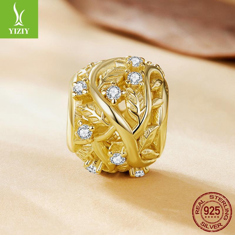 S925 Sterling Silver Plated 14K Gold Leaf Beaded Accessories Romantic Autumn Leaf Inlaid Zircon Beads Loose Beads