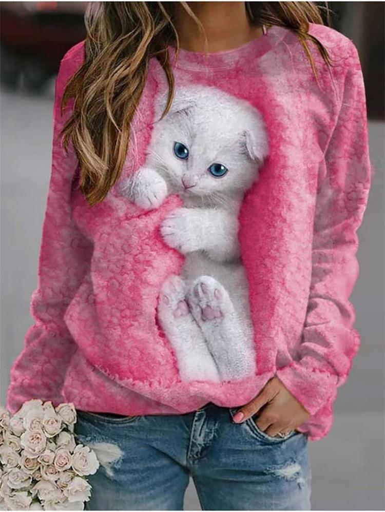 Cat Printed Loose Sweatshirt Cute Long Sleeve Round Neck Spring Summer