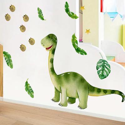 Cartoon Dinosaurier Grüne Blätter Wandaufkleber Kinderzimmer Schlafzimmer Wanddekoration Niedliche Selbstklebende Wandkunst