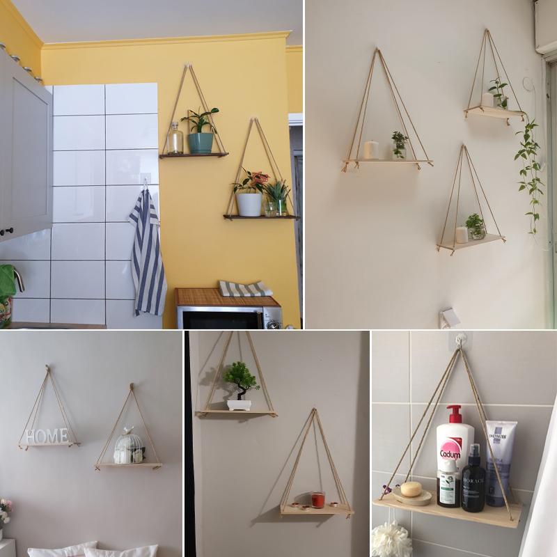 1/3pc Wood Swing Hanging Rope Wall Mounted Floating Shelves Home Living Room Wall Shelf Sundries Storage Outdoor Garden Decor