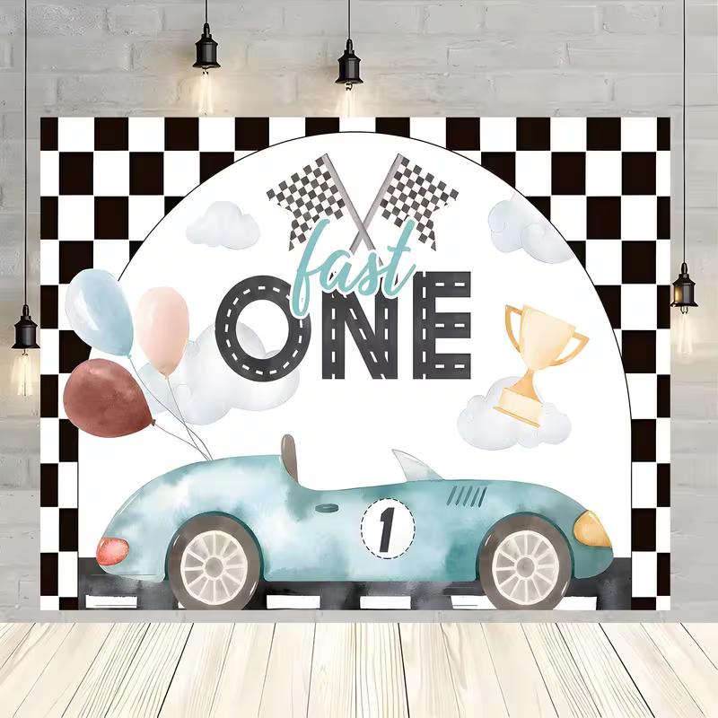 2D Checkered Flag Race Car Banner, Fast One 1st Birthday Backdrop, Baby Shower Background Cloth