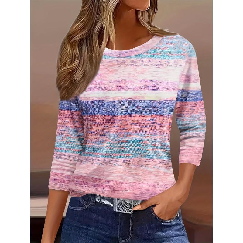 Womens Round Neck 3D Dinosaur Print Tee - Casual Fit 7/8 Sleeve 2025