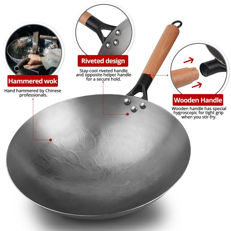 Fypo Handmade Chinese Cast Iron Wok Smokless Cookware Uncoated Iron Pot Frying Pan Non-Stick Kitchen Pot Skillet Wok