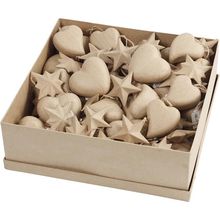 Assortment of Handmade Papier-mâché Christmas Shapes, Stars and Hearts, with Jute String for Hanging. Ref 26788