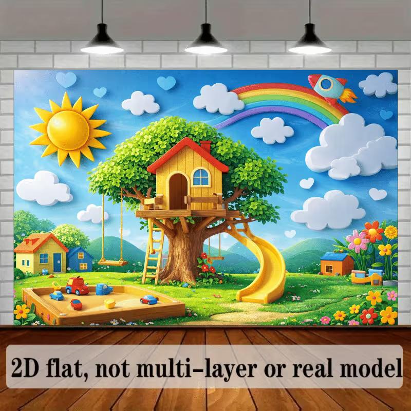 2D Rainbow Tree House Backdrop, Kids Playground Themed Background for Baby & Toddler Party Decor